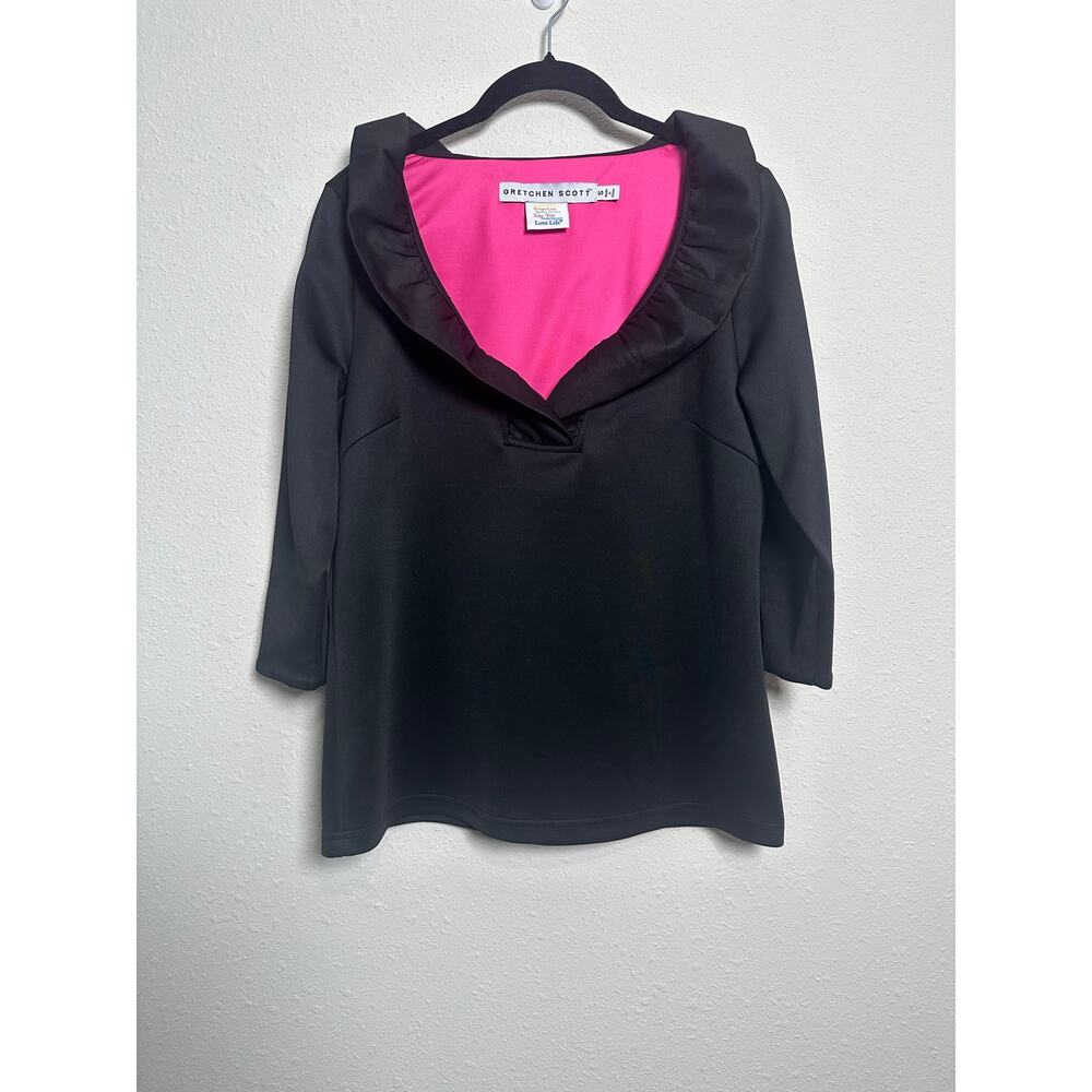 Gretchen Scott Designs black blouse ruffled collar and 3/4 sleeves Small